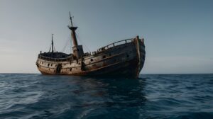 Small old abandoned ship amid vast oceans - a strange thirst