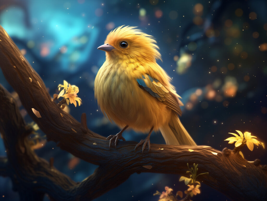 A cute yellow bird with feathers that sparkle like stars perched on the branch of an ancient tree in a fantasy world with a magical forest background, hyper realistic concept art